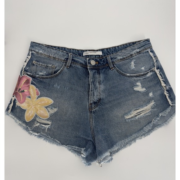 Zara Trafaluc Cut Off Denim Shorts High Waist Women's Blue Distressed Size 6 - Picture 1 of 8